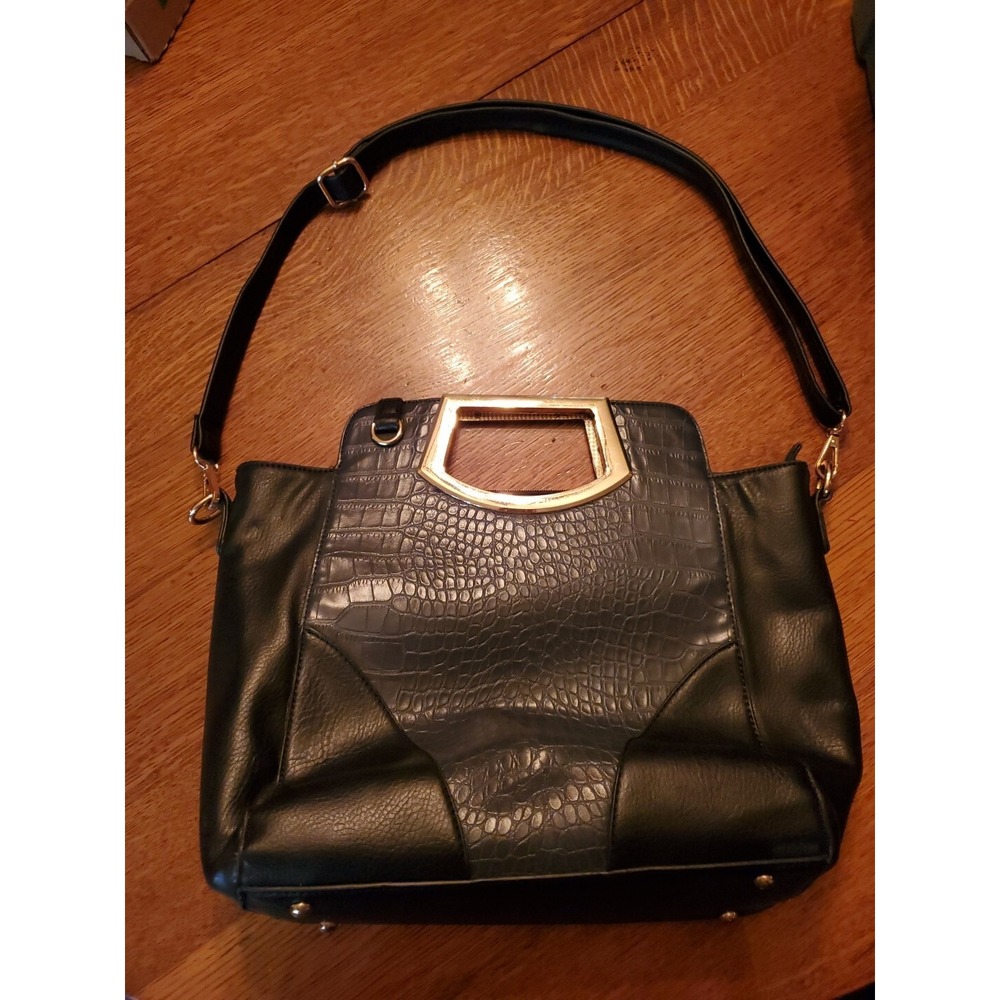 Vtg Navy Croc Embossed Satchel Handbag Gold Metal Handle Crossbody Bag Purse
